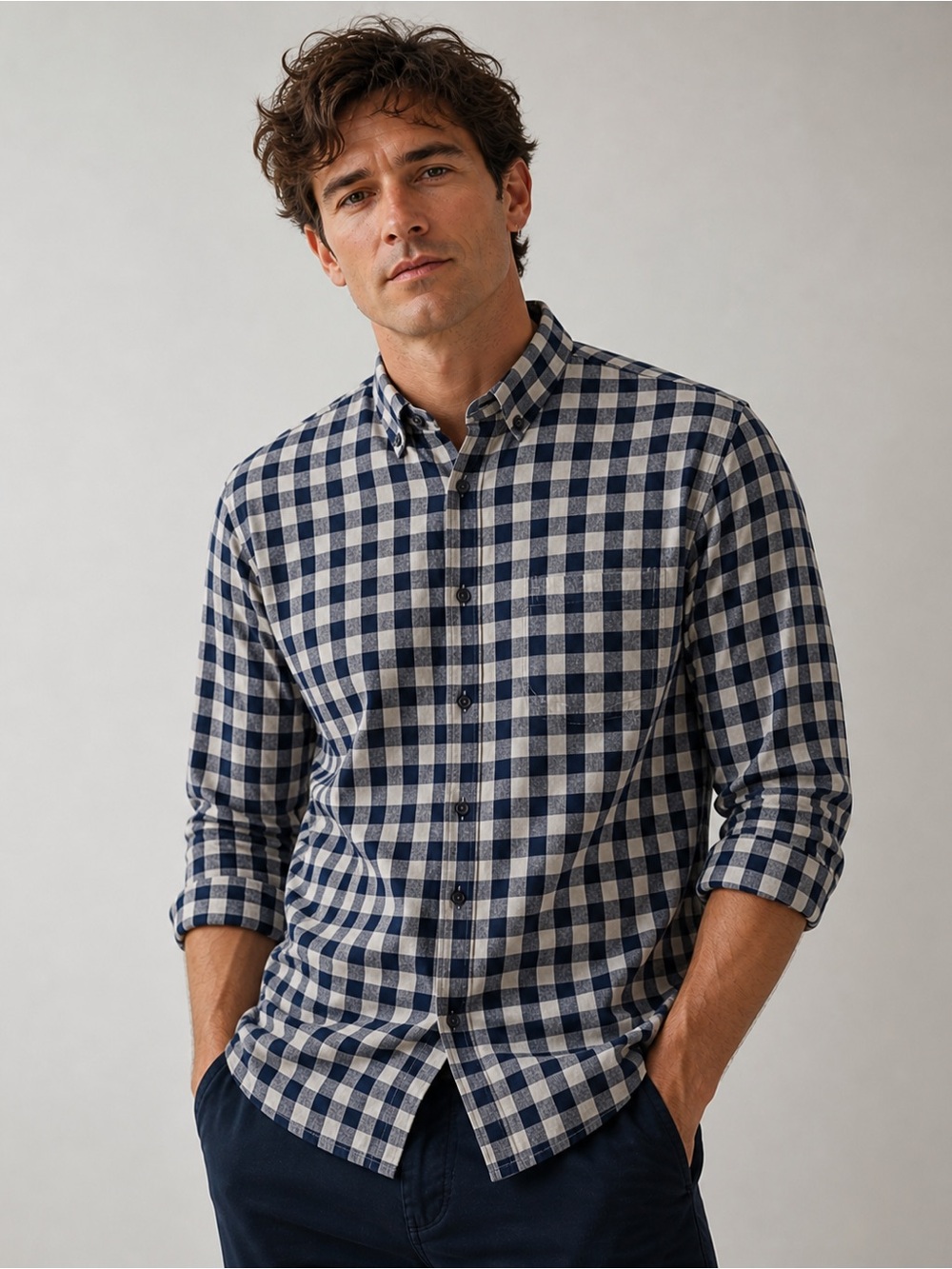 Gap 1969 button down shirt long sleeve plaid blue and ecru white100% cotton XL